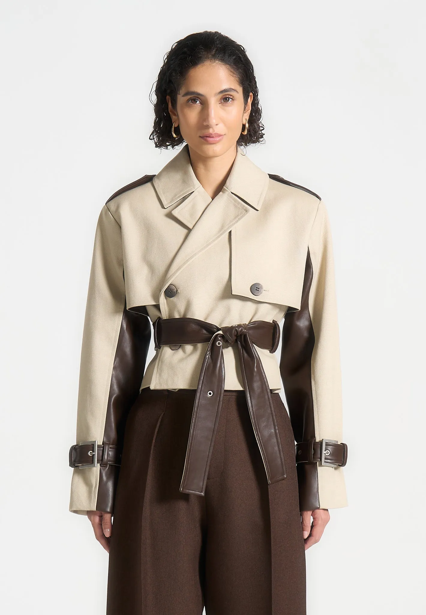 Cropped Trench Coat with Belt - Beige/Brown