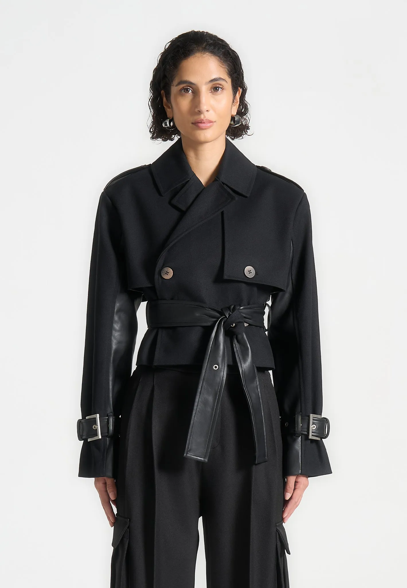 Cropped Trench Coat with Belt - Black