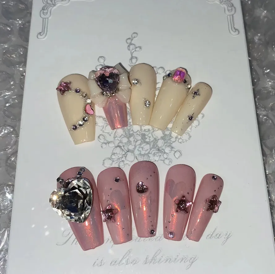 【Customize-made for 35 Days】Pretty Pink Star Heart Diamond Nails - Kimi