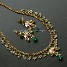 Dainty Pachi Kundan Necklace Set - Ruby Green