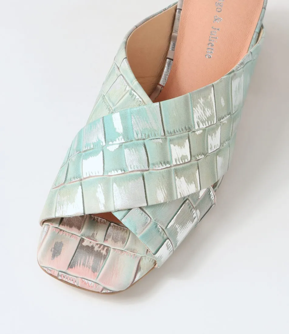 DJANGO & JULIETTE Firey Khaki Croc Print Leather Mules