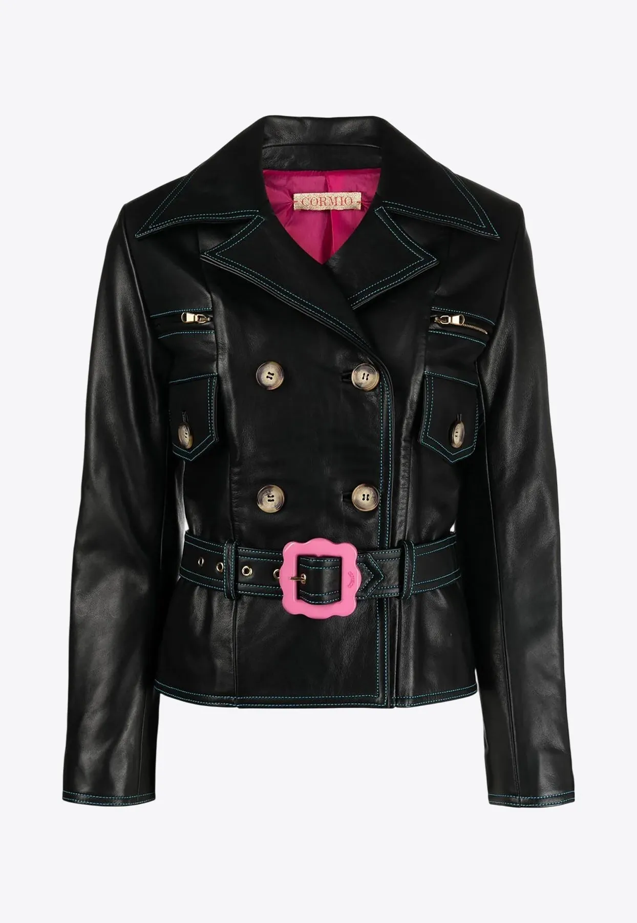 Double-Breasted Belted Leather Jacket