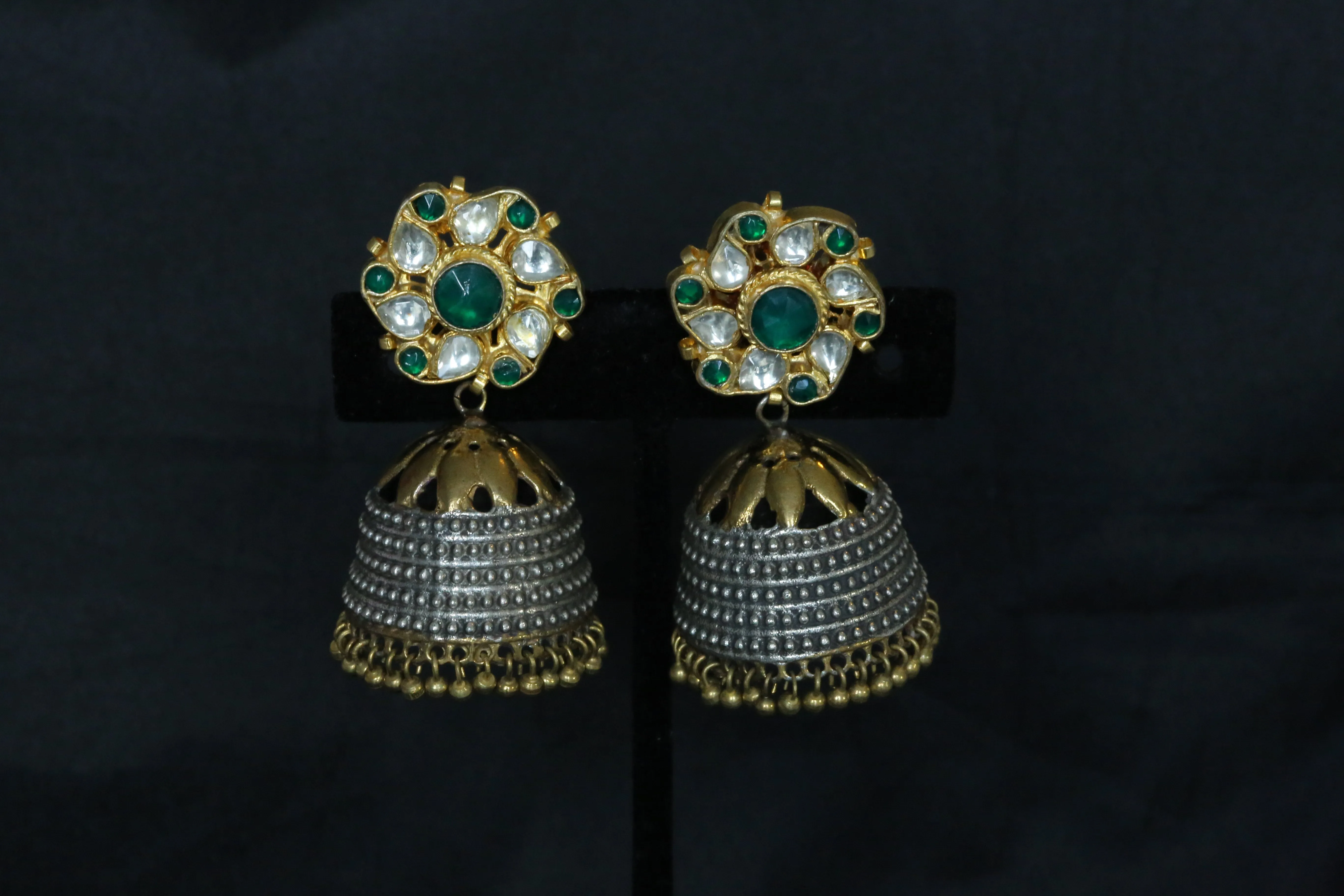 Dual Tone Green Kundan Jhumka