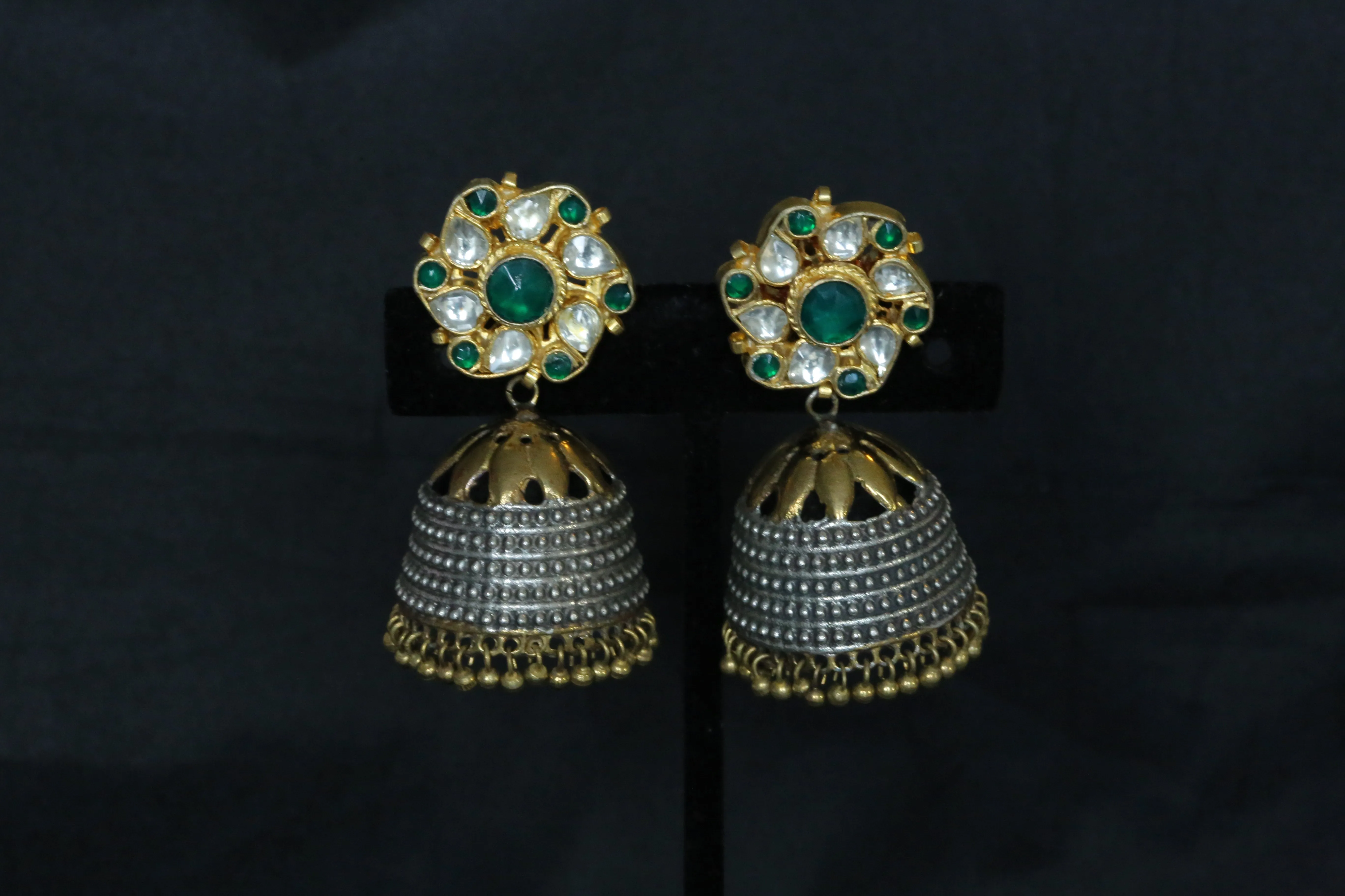 Dual Tone Green Kundan Jhumka