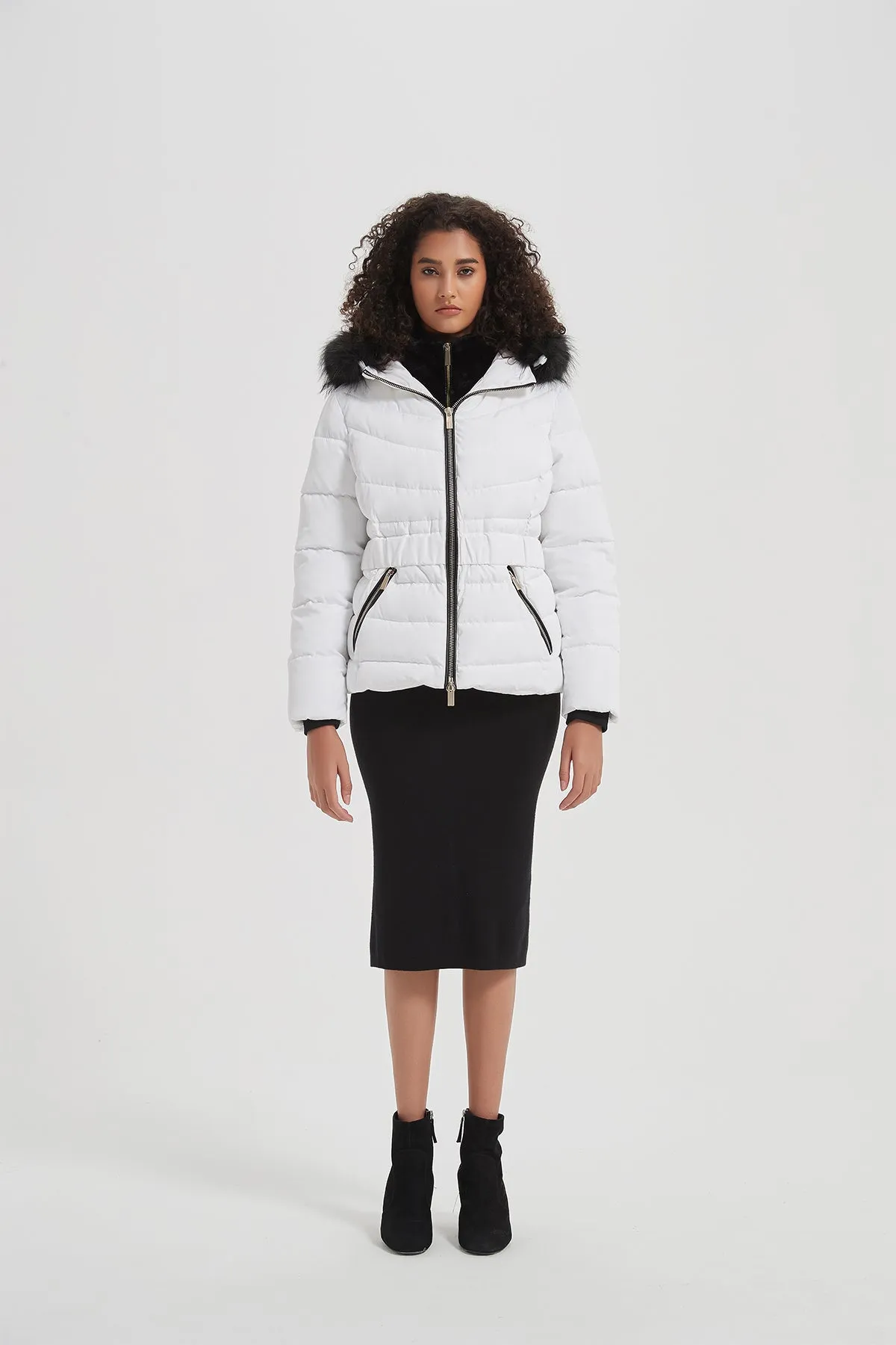 Elastic Waist Short Puffer Jacket with Furry Hood