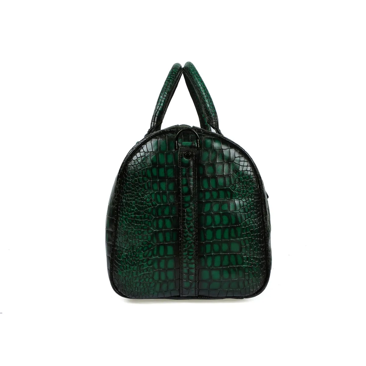 Embossed Lion Smokey Green Croco Textured Leather Duffle Bag with Bag Tag by Brune & Bareskin