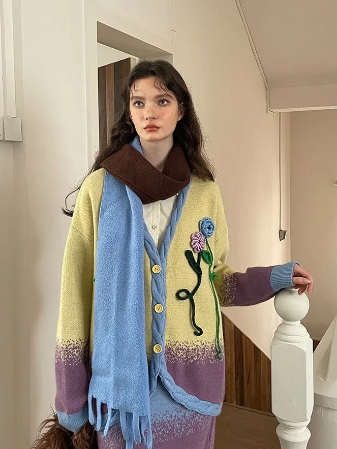 Embroidery Flower-Motif Vintage Retro Gradation Cardigan&Long-Skirt