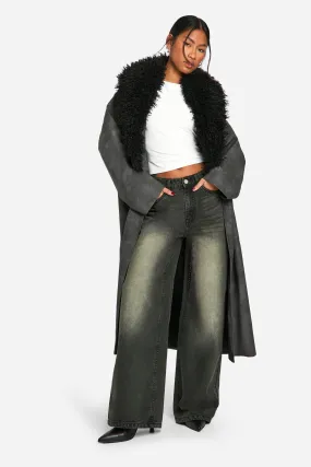 Faux Fur Collar Vintage Look Faux Leather Trench Coat