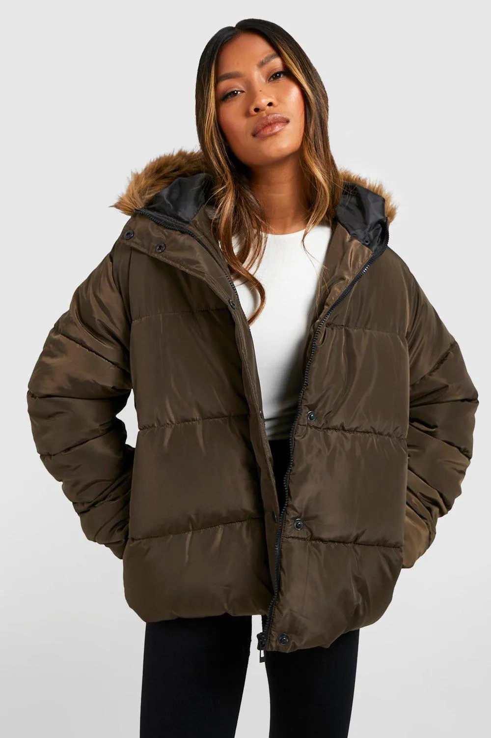 Faux Fur Trim Pocket Detail Hooded Puffer Jacket