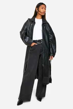 Faux Leather Belted Trench Coat