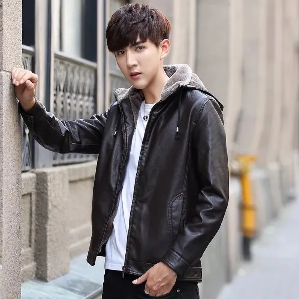 Faux leather hooded jacket for men with side pockets