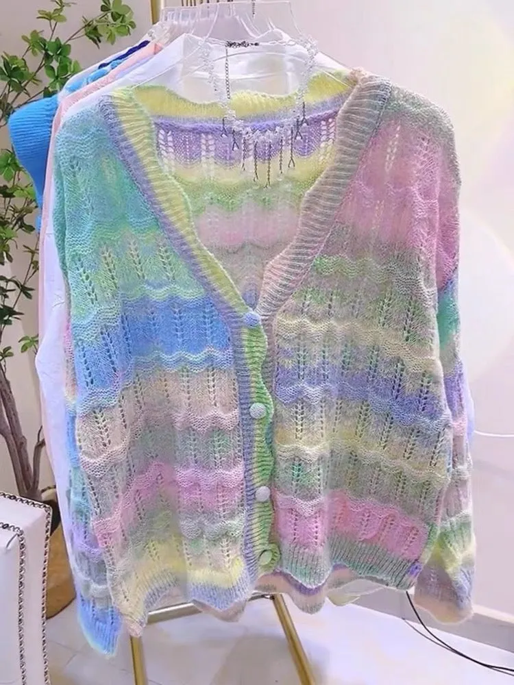 Feather-colored autumn chic and beautiful top design French rainbow gradient loose long-sleeved v-neck knitted cardigan for wome
