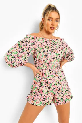 Floral Off The Shoulder Shirred Romper