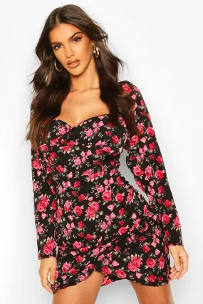 Floral Print Square Neck Wrap Mini Dress