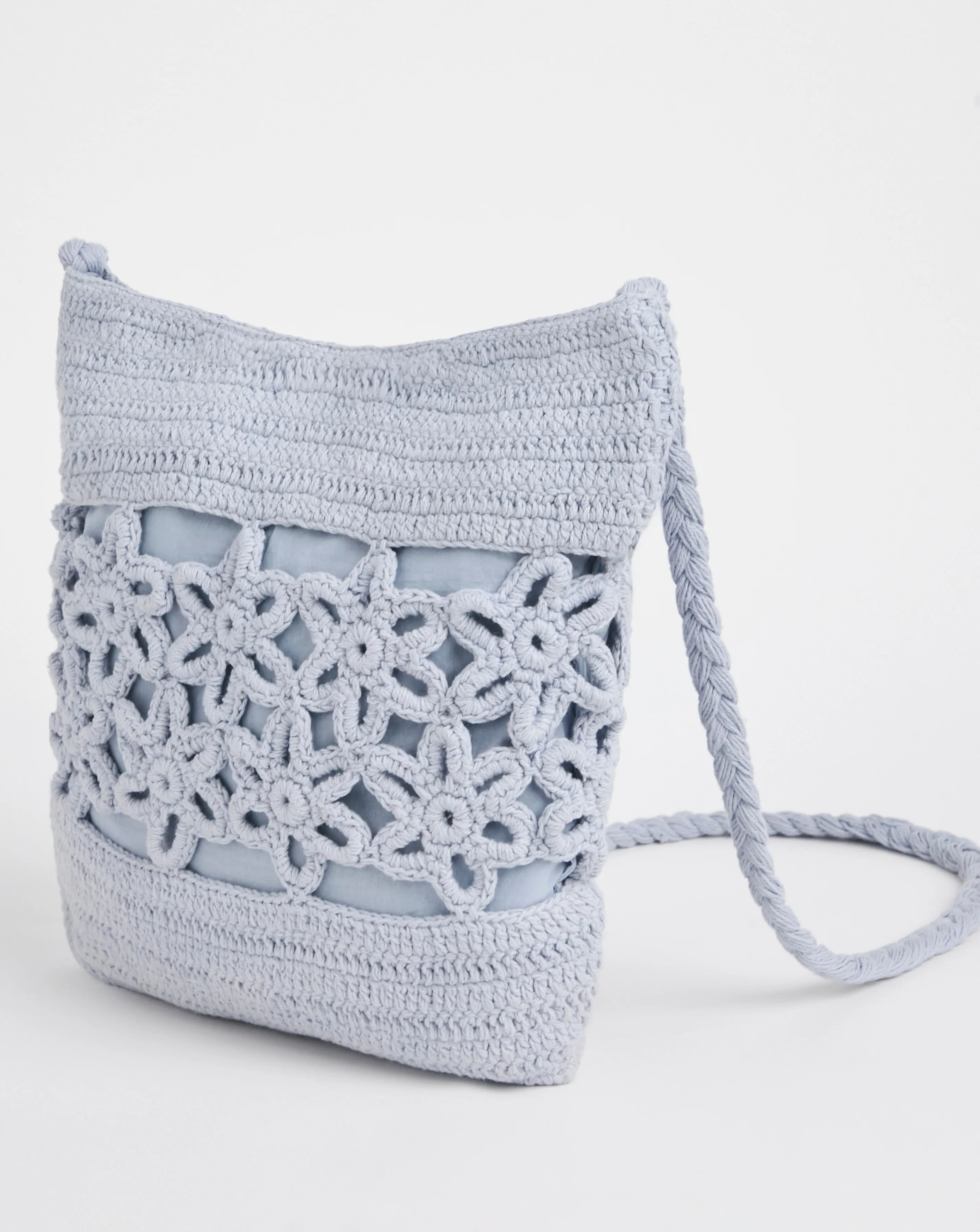 Flower Detail Blue Crochet Tote Bag | Simply Be