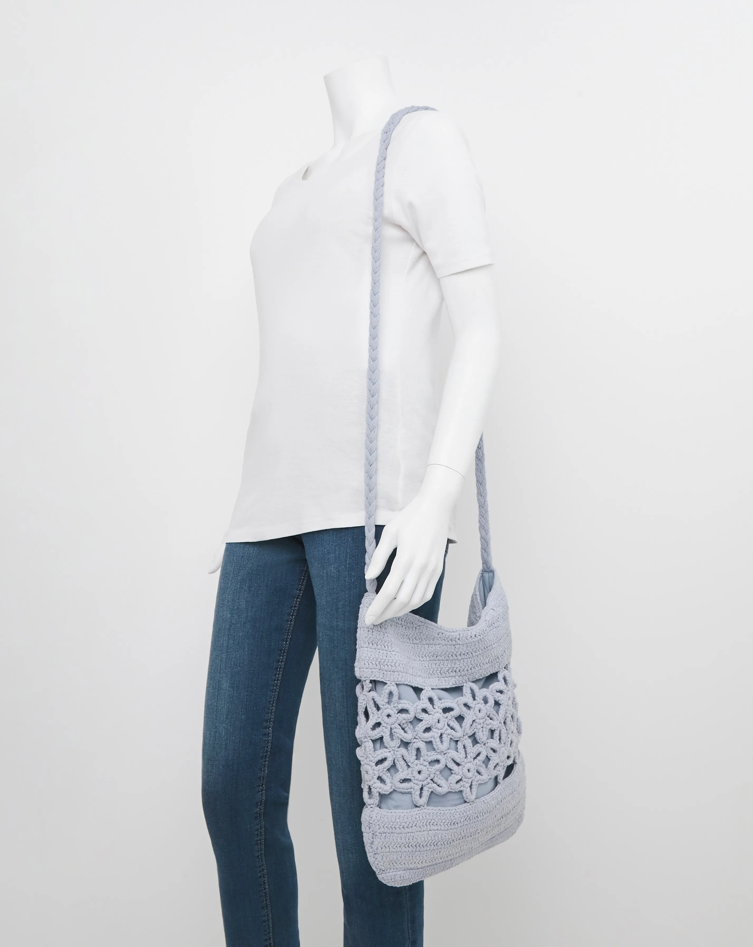 Flower Detail Blue Crochet Tote Bag | Simply Be