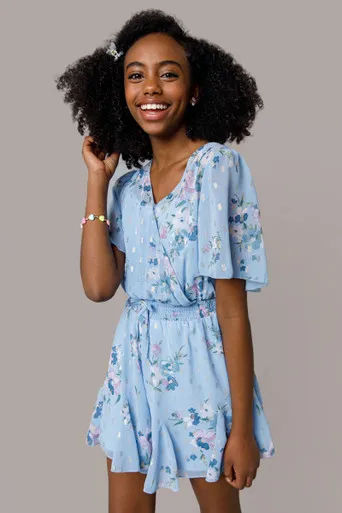 Franki Floral Godet Romper for Girls in Blue