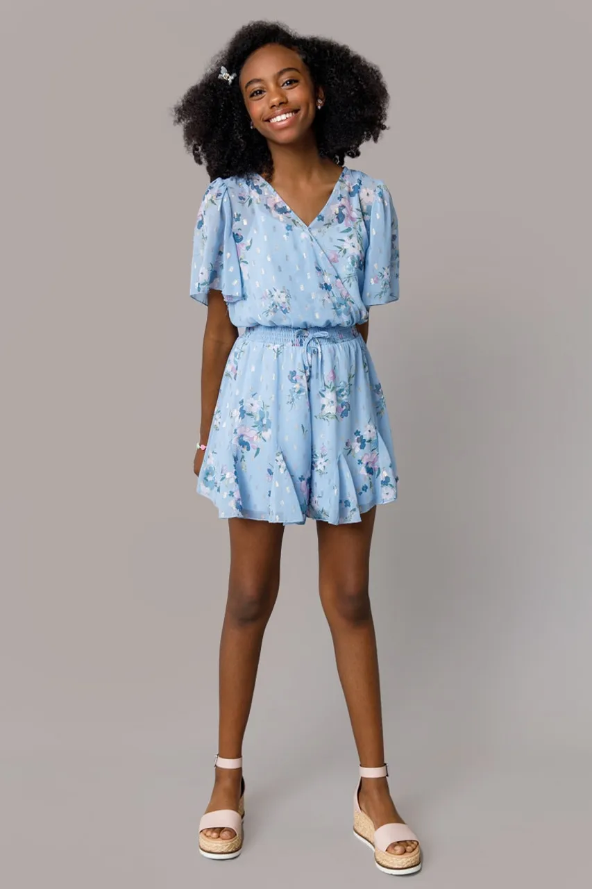 Franki Floral Godet Romper for Girls in Blue