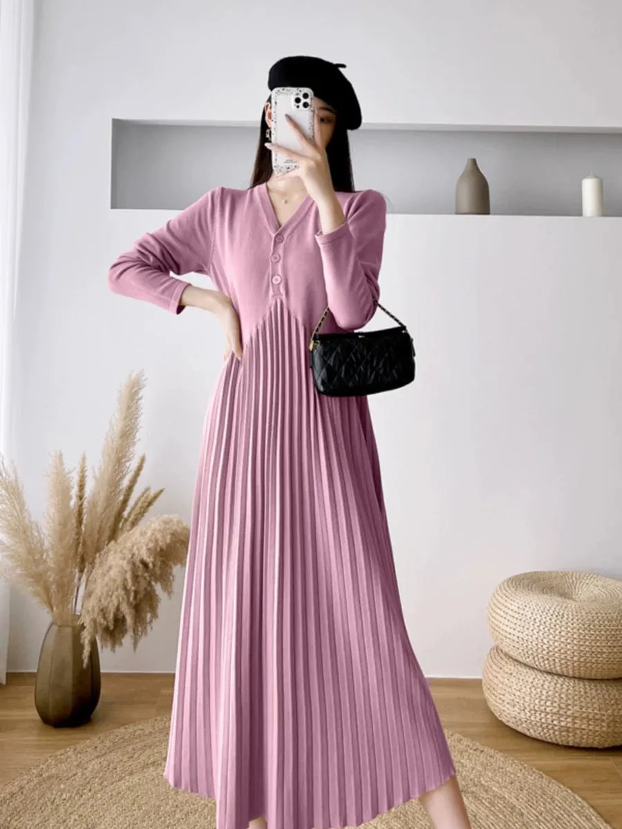 French Elegant Knitted Dress Women's Autumn and Winter Waist Slimming V-neck Mid-Length Over-the-Knee Pleated Sweater Dress