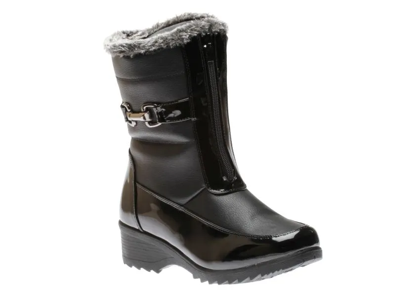 Front Zipper Faux Fur Trim Black Patent Vegan Leather Winter Boot