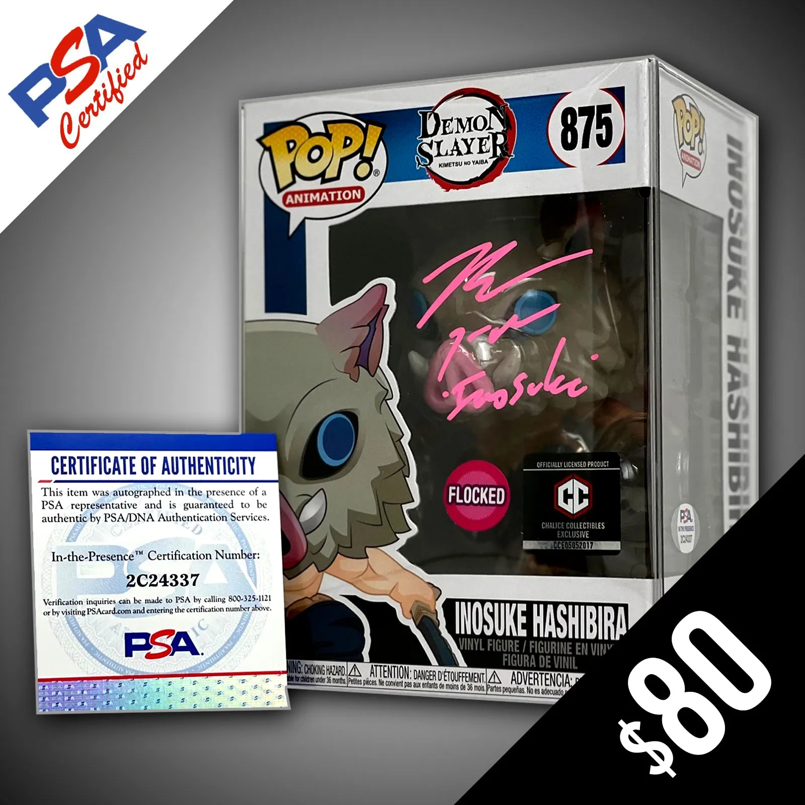 Funko Pop! Demon Slayer: Inosuke (Non-Chase) #875- SIGNED by Bryce Papenbrook (PSA Certified) (PINK)