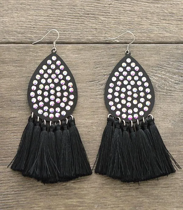 Gala Black Bling Teardrop Large Earrings with Tassels