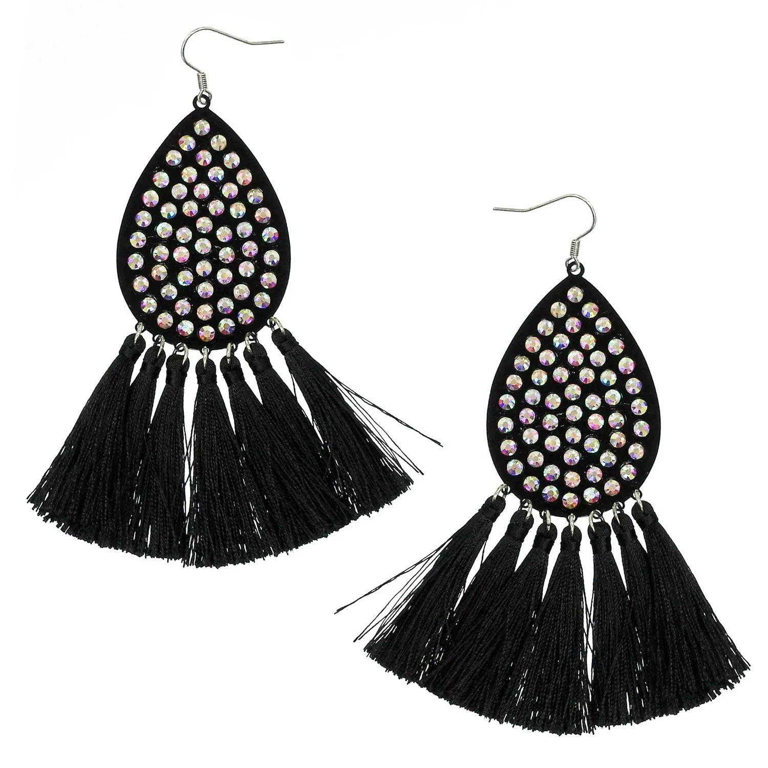 Gala Black Bling Teardrop Large Earrings with Tassels