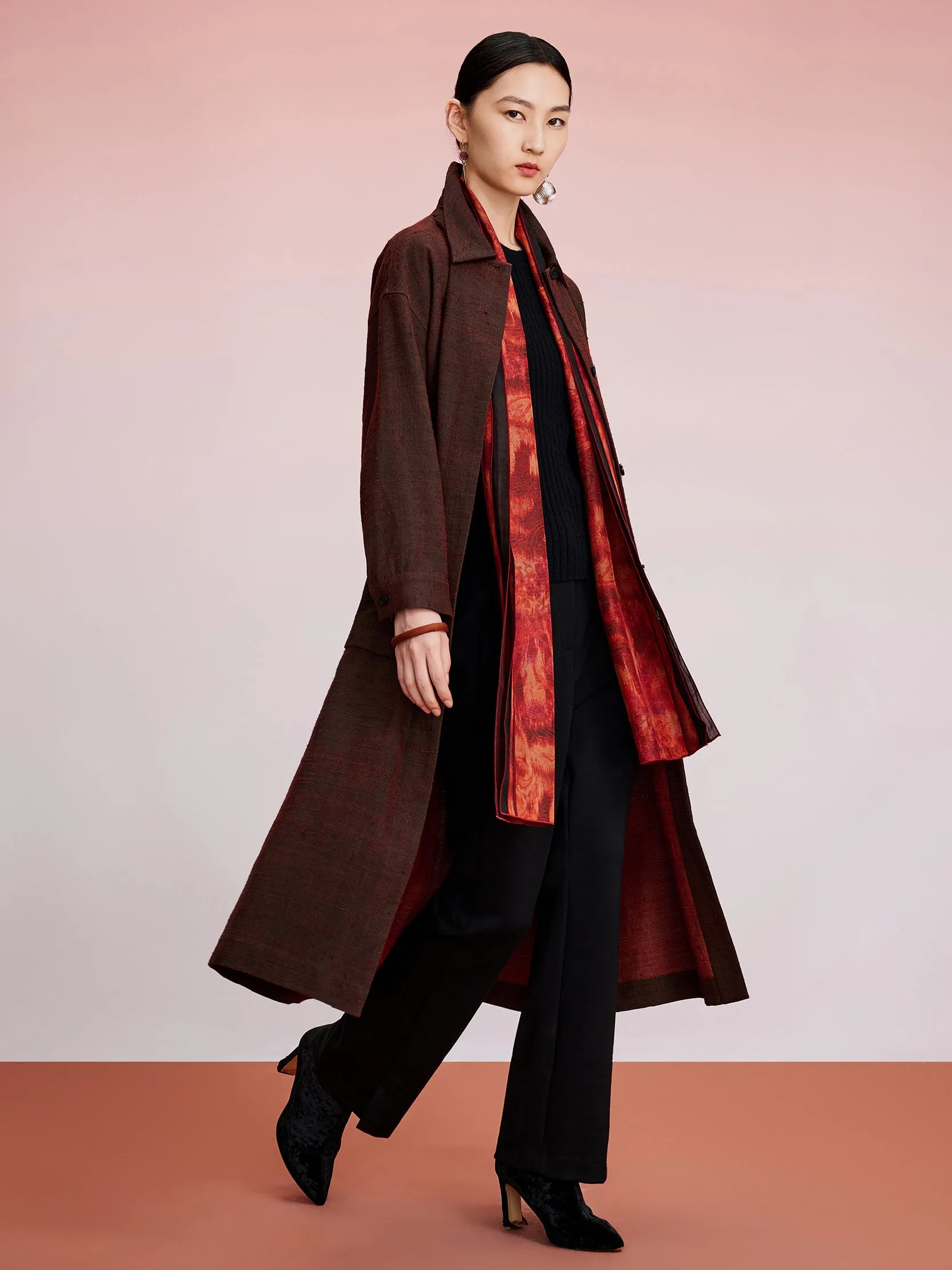 Gambiered canton silk trench coat