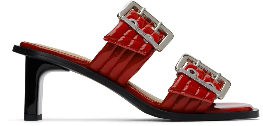 GANNI Red Feminine Buckled Mule Heeled Sandals