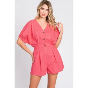 GeeGee Half Button V-Neck Linen Romper