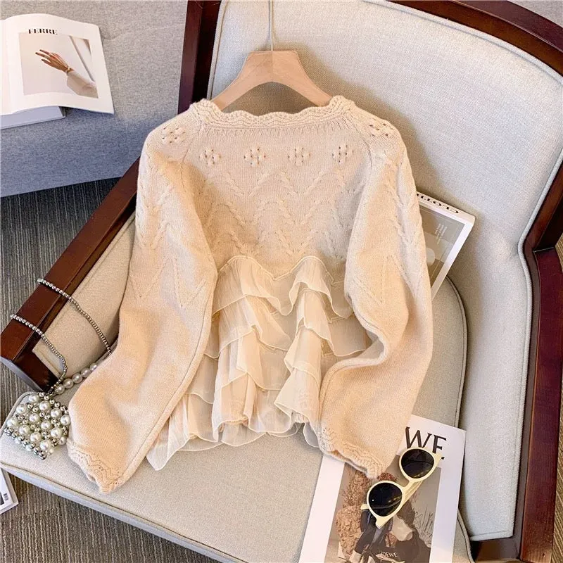 Gentle lady style knitted hollow ruffle spliced long-sleeved knitted cardigan for outer wear and inner top for women in autumn