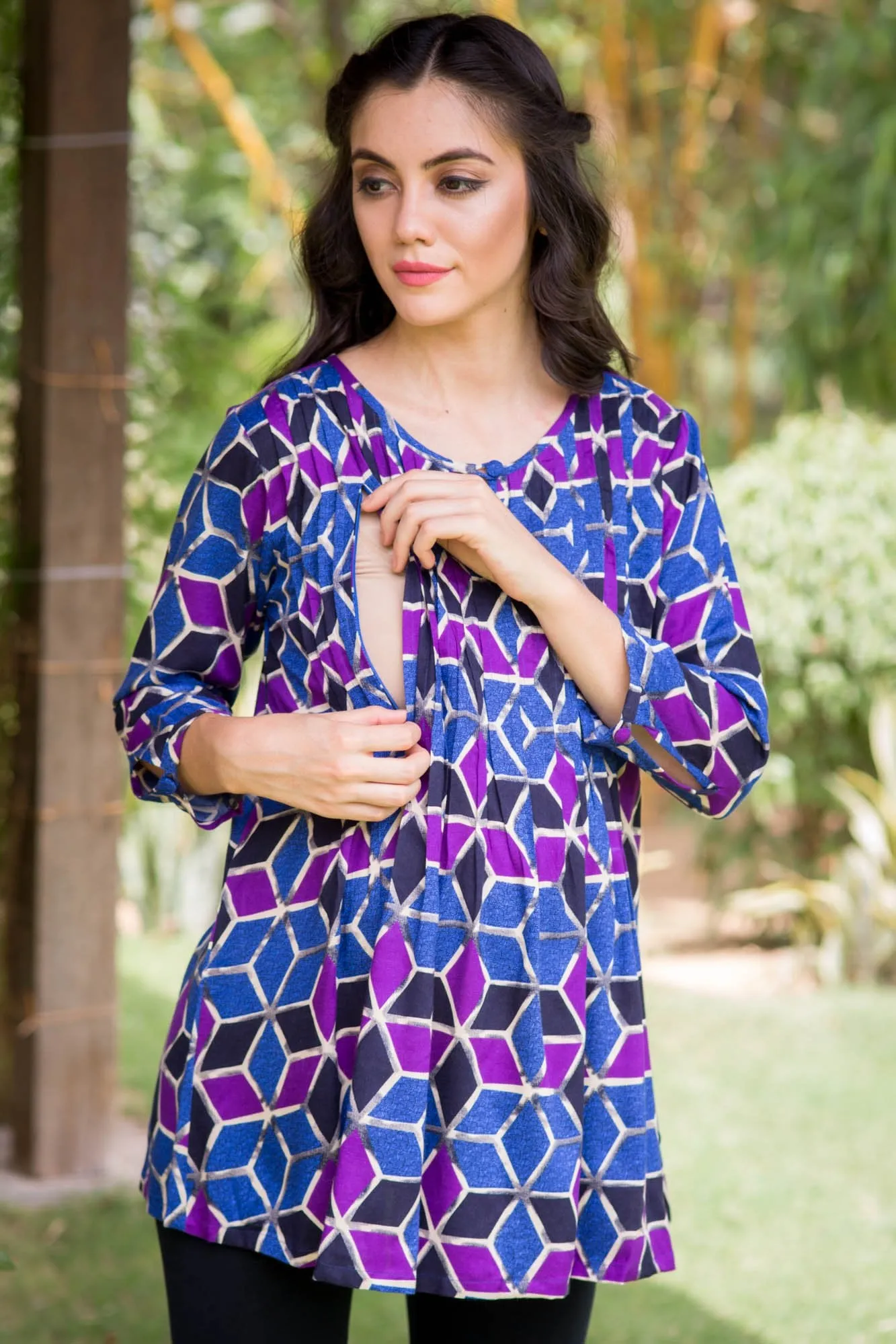 Geo Print Pintucks Maternity & Nursing Top