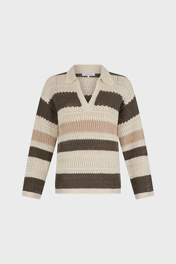 Gerard Darel LEA STRIPED OPENWORK COTTON POLO SWEATER