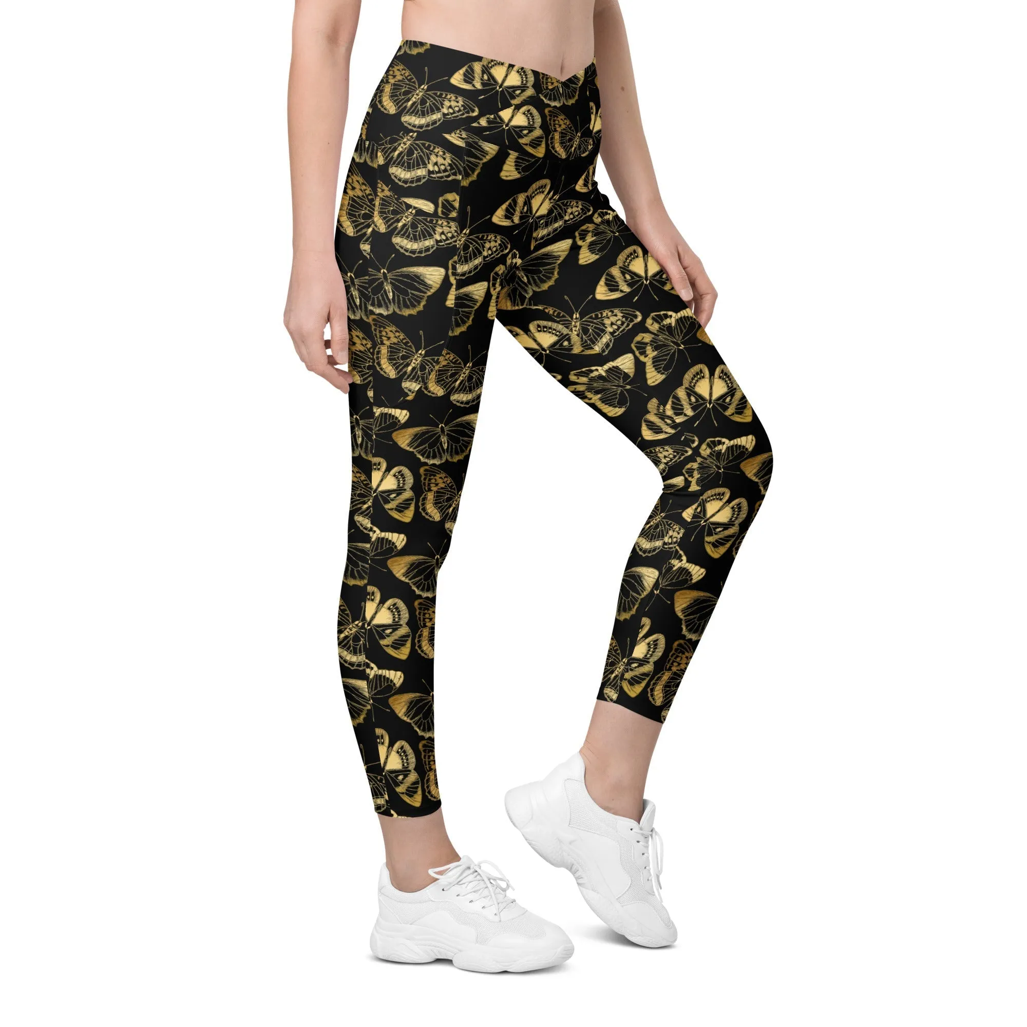 Gold Butterfly Crossover Leggings With Pockets