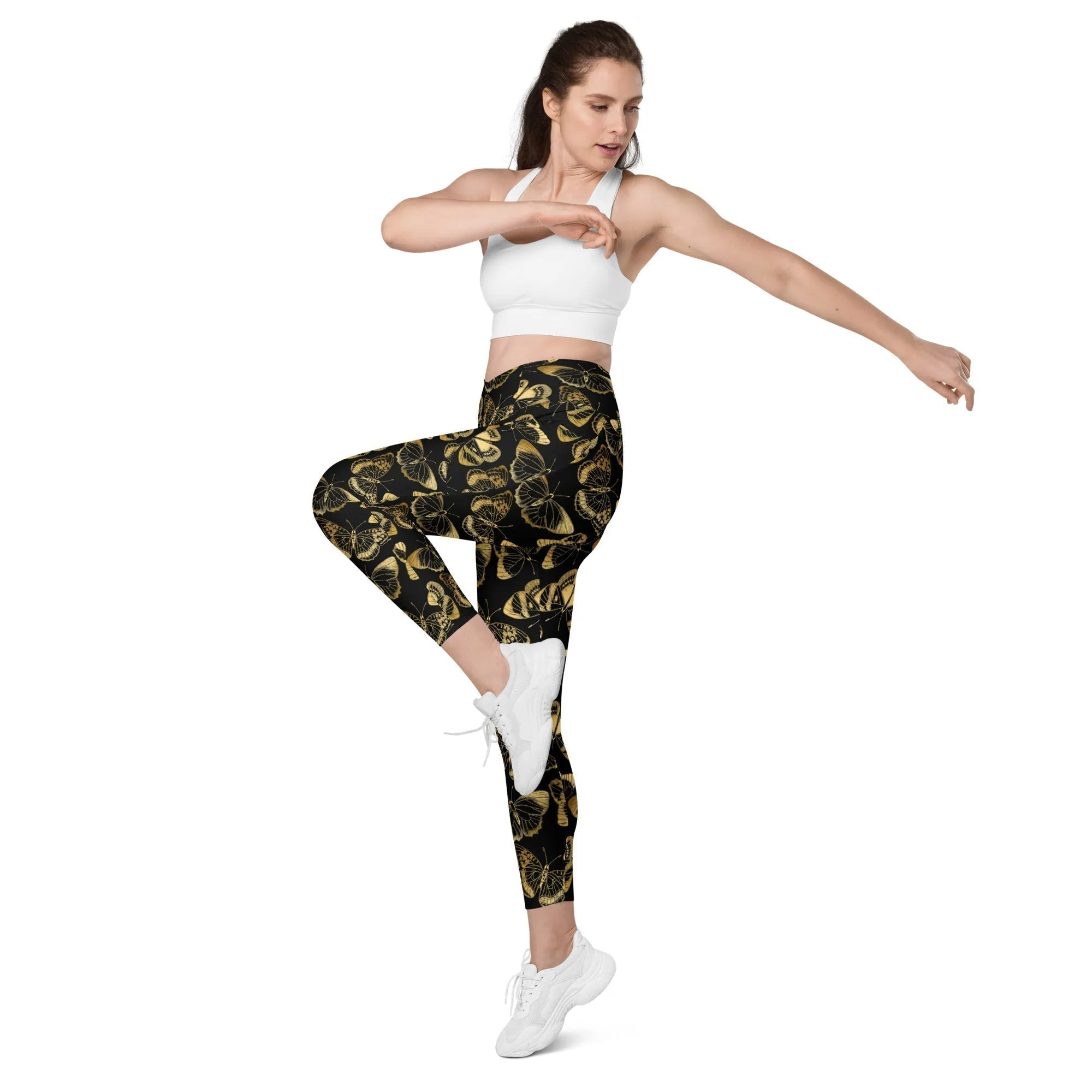 Gold Butterfly Crossover Leggings With Pockets