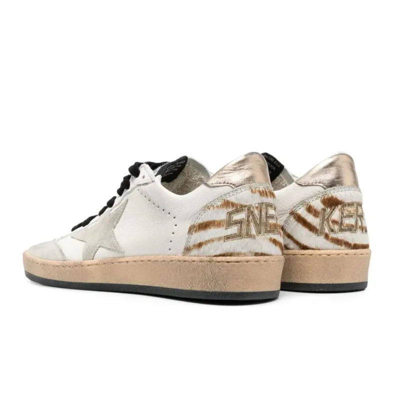 GOLDEN GOOSE BALL STAR SNEAKERS IN WHITE & GOLD ZEBRA PRINT