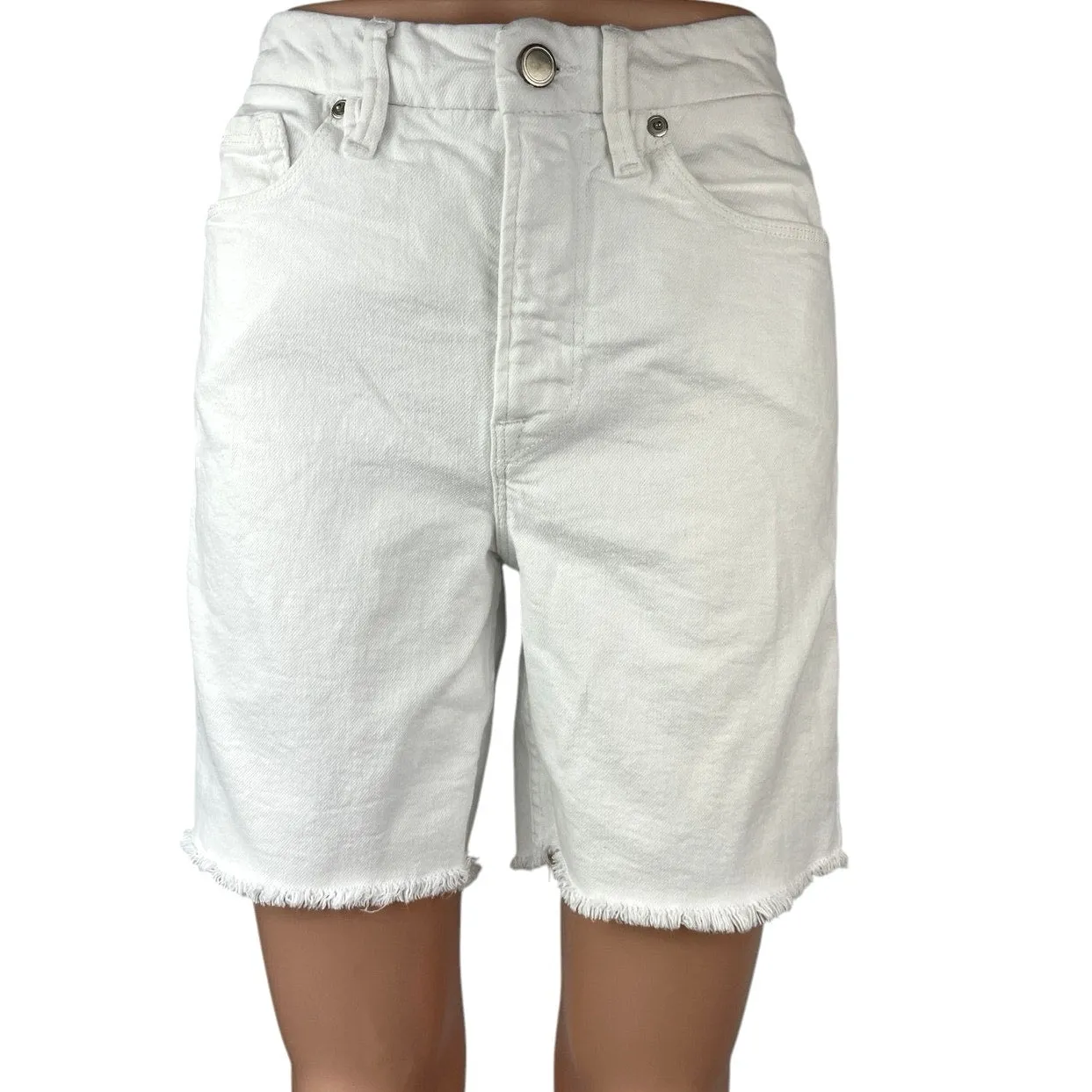 Good American Icon White Denim Mid Rise Crop Raw Hem Bermuda Jeans Shorts Sz 25