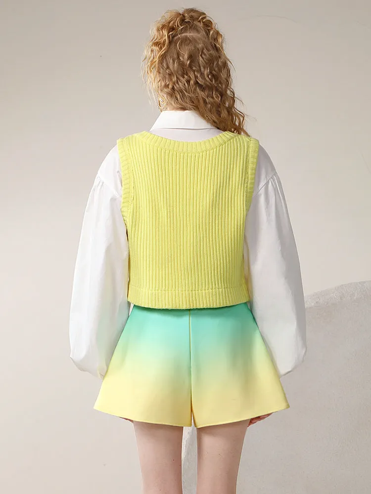 Gradation Nichi Knit Flare Unique Blosue＆Vest＆Short-Pants