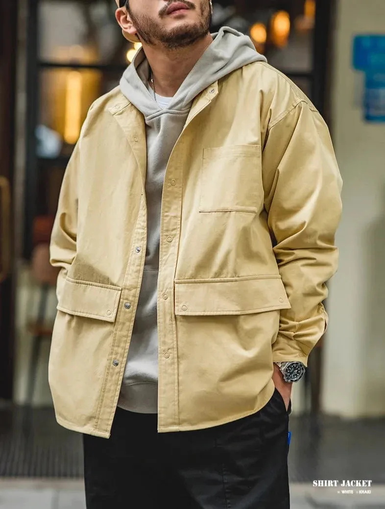 Grandad Collar Twill Workwear Overshirt