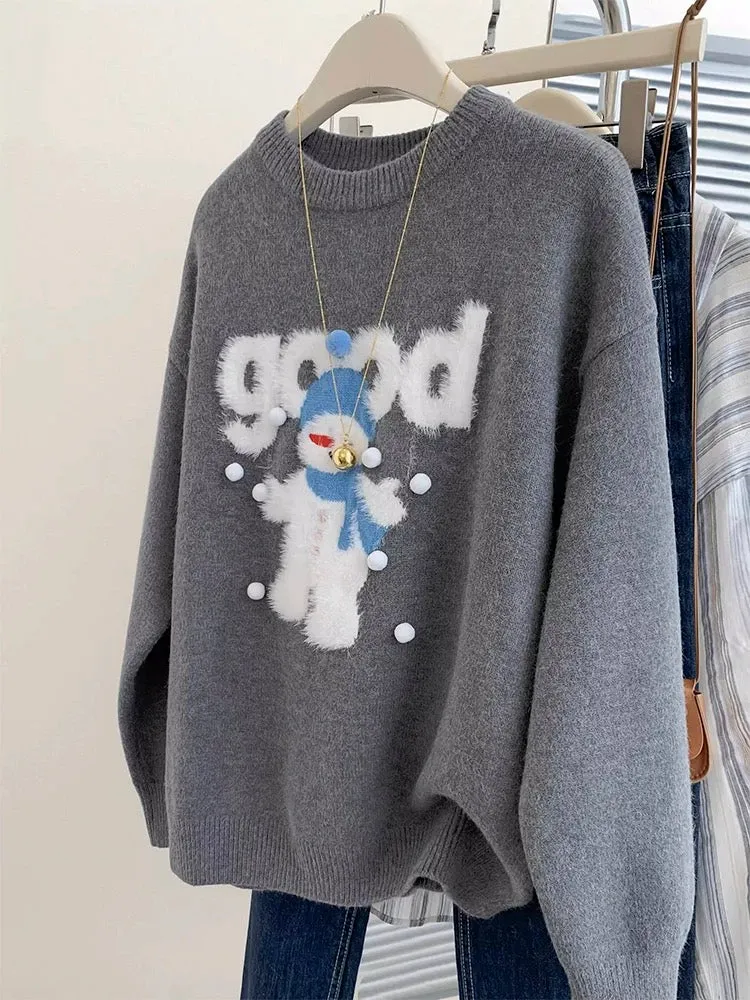 Gray round neck pullover sweater for women in autumn and winter, 2024 new loose and lazy style knitted top for outer wear and in