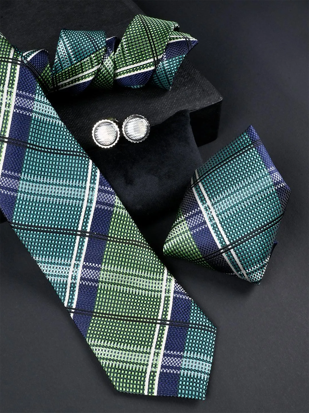 Green Checkered Micro Silk Necktie With Pocket Square & Cufflinks