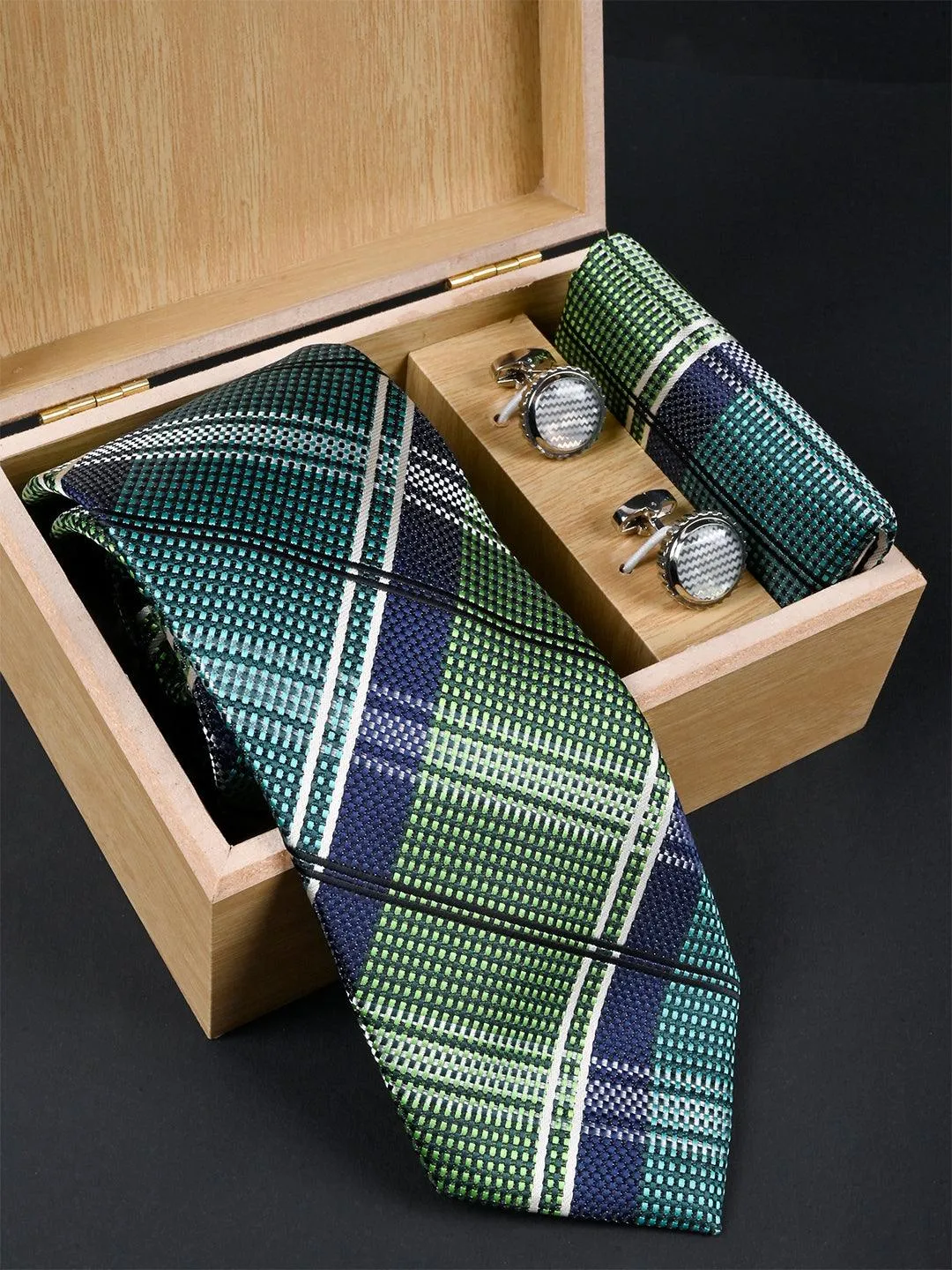 Green Checkered Micro Silk Necktie With Pocket Square & Cufflinks