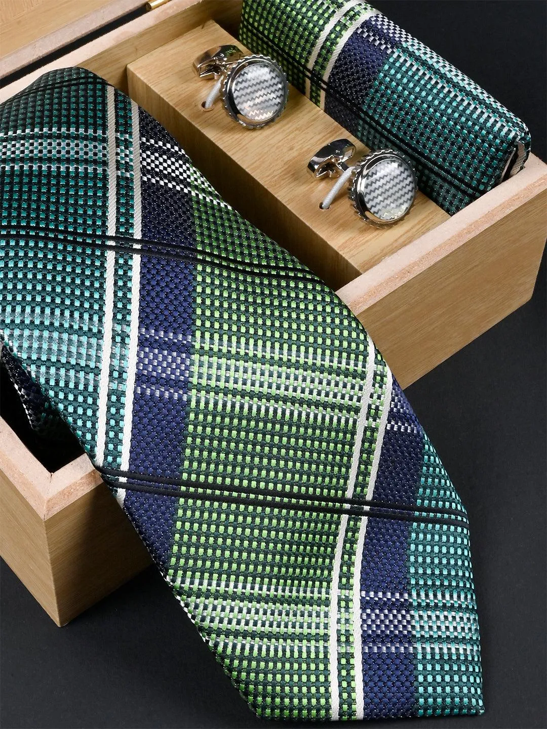 Green Checkered Micro Silk Necktie With Pocket Square & Cufflinks