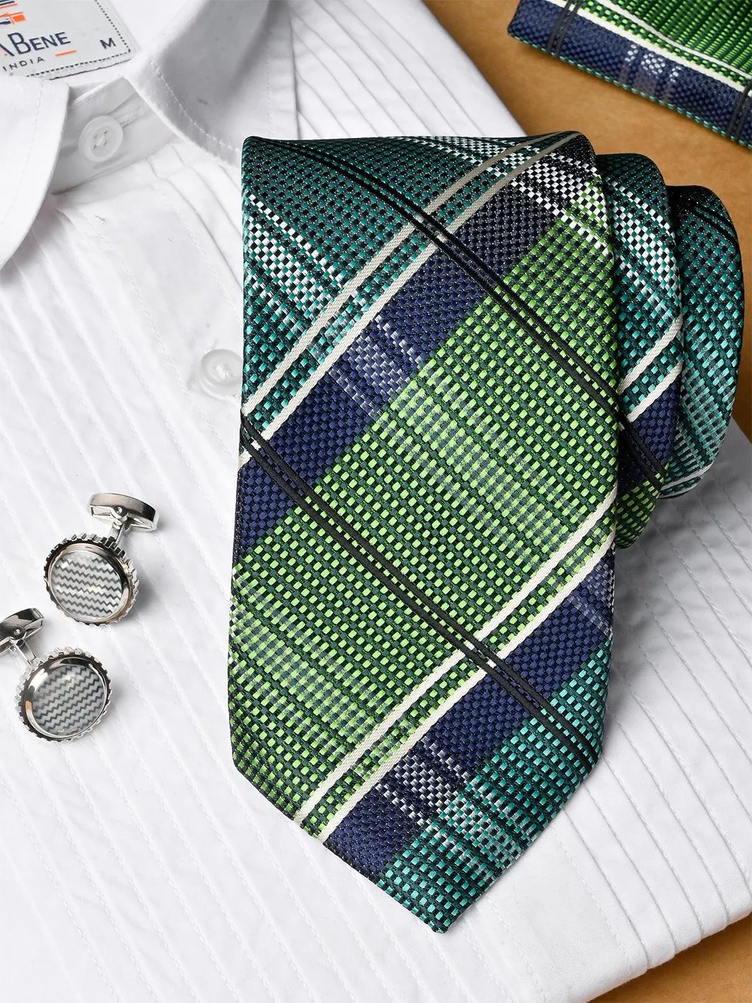 Green Checkered Micro Silk Necktie With Pocket Square & Cufflinks