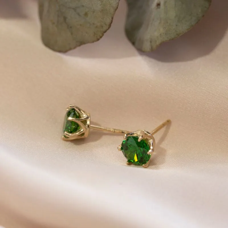 Green CZ 14K Gold Plated Studs - 7mm Dec Birthstone Earrings