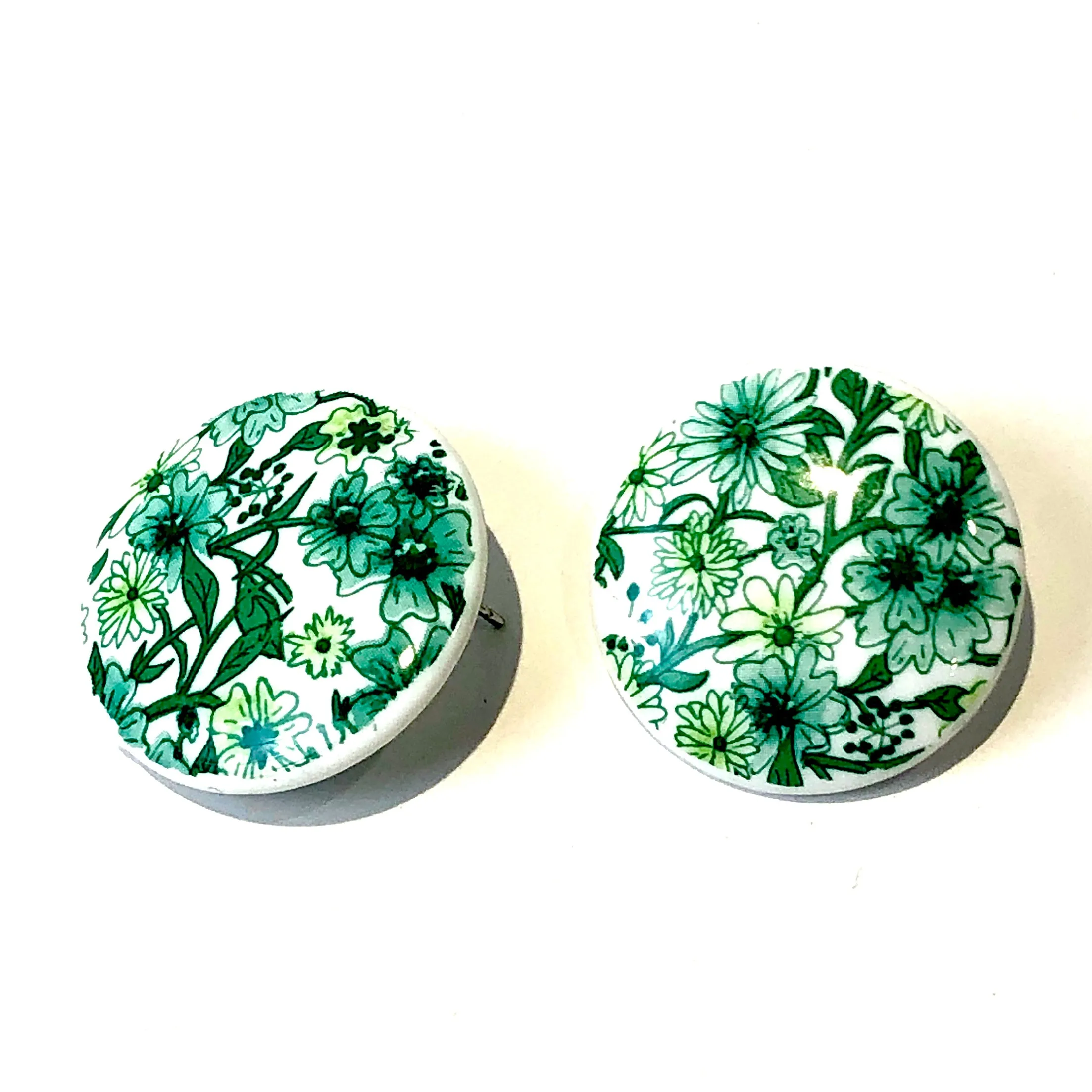 Green Floral Retro Button Stud Earrings