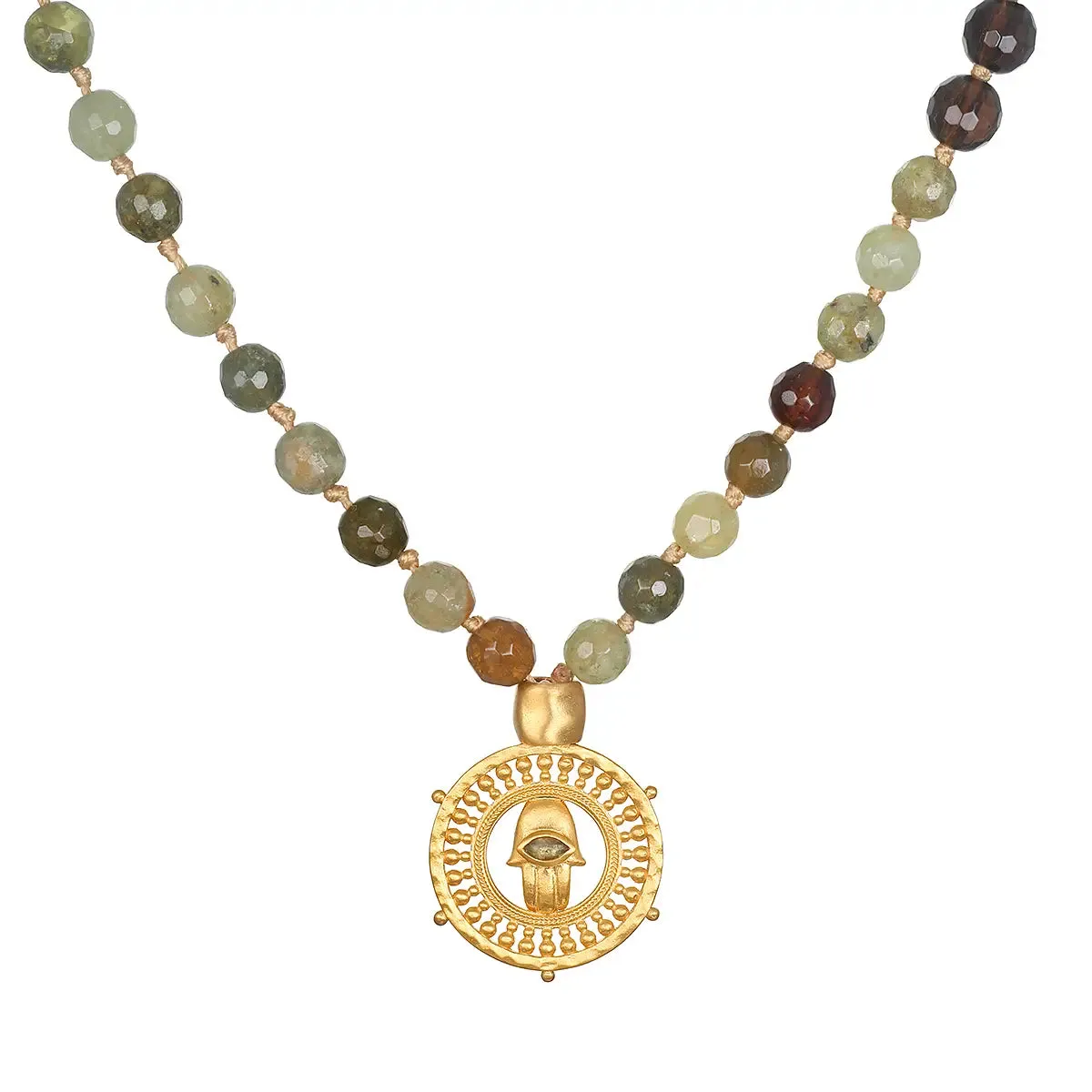 Green Garnet and Smokey Quartz Hamsa Mala Necklace 33