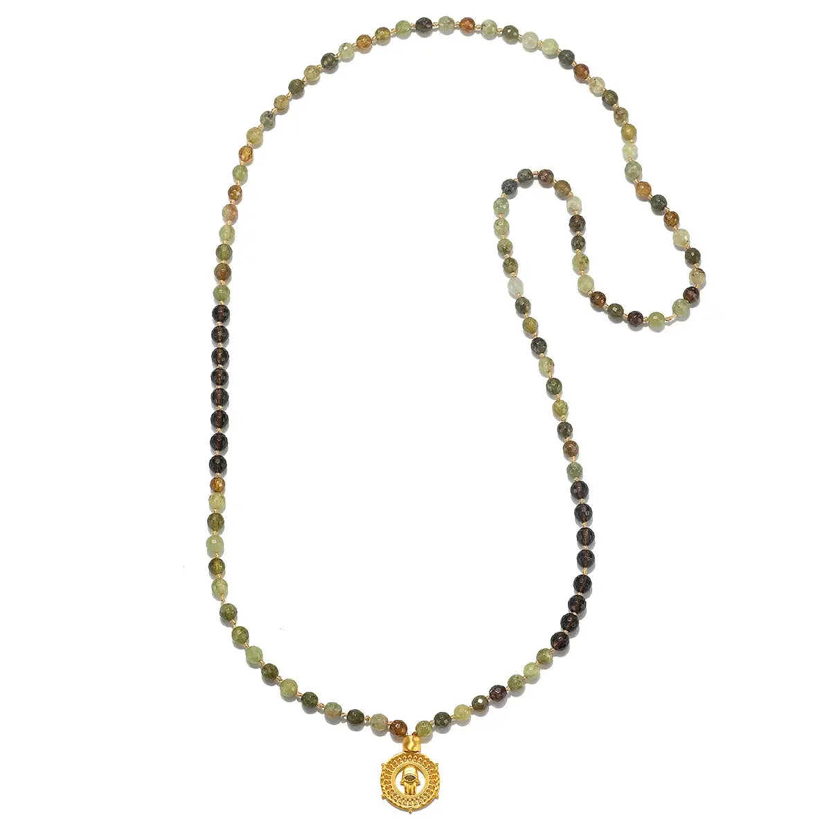 Green Garnet and Smokey Quartz Hamsa Mala Necklace 33