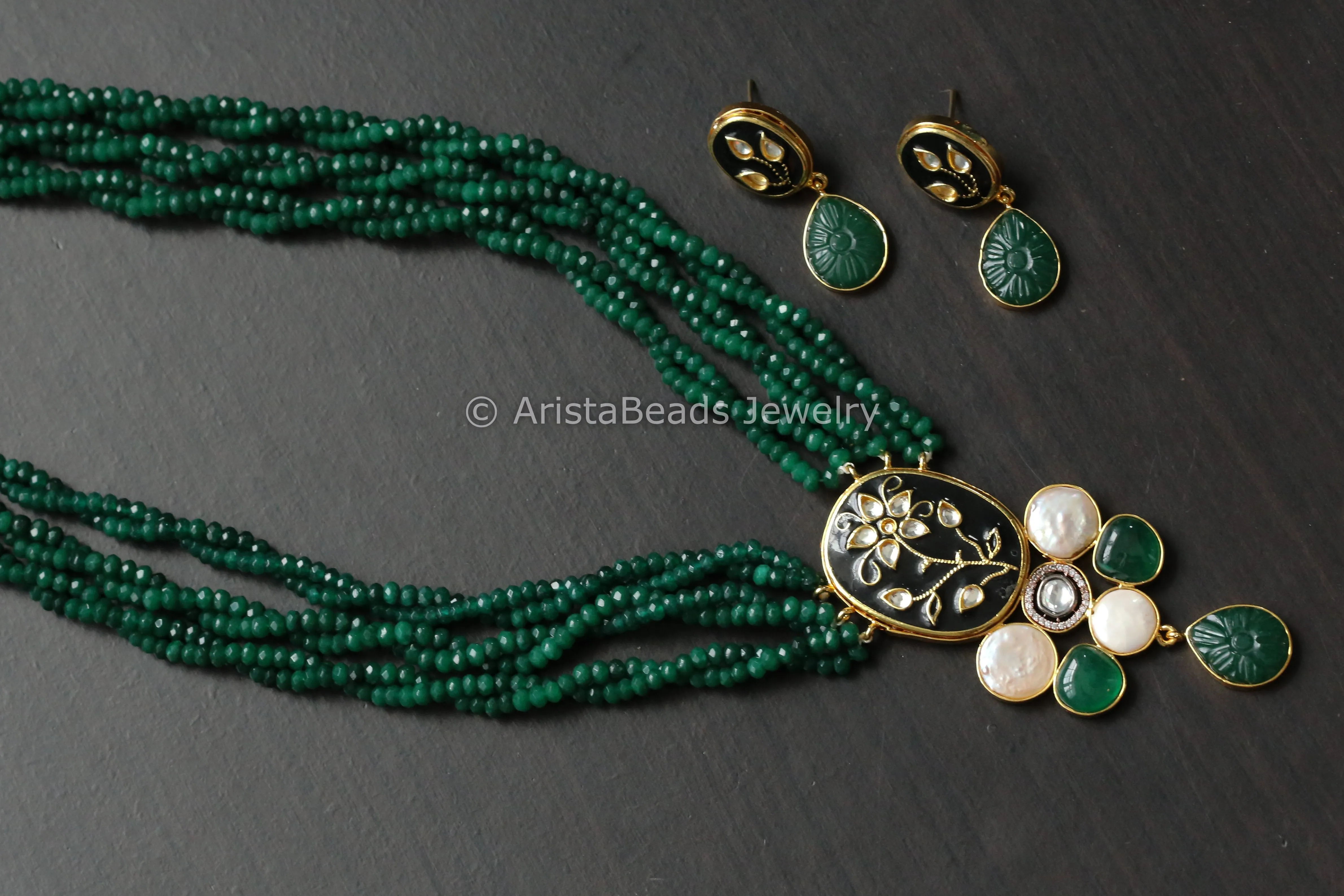 Green Onyx Stone & Enamel Kundan Contemporary Necklace Set