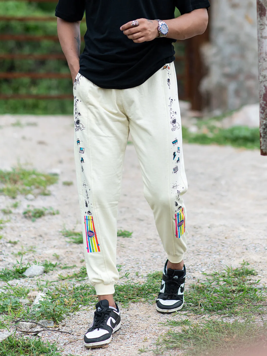 Grey Space Printed Cotton Joggers For Men